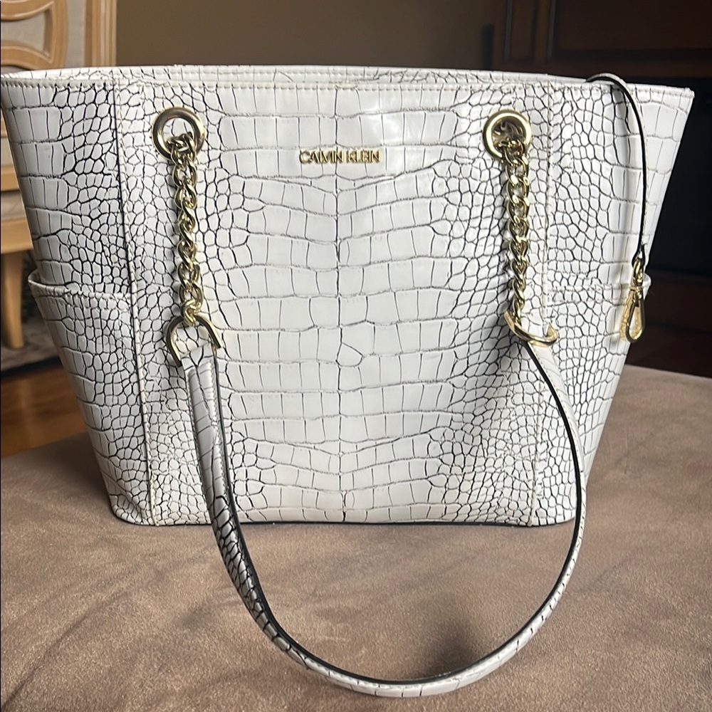Calvin Klein White and Gold Croc-Embossed Tote